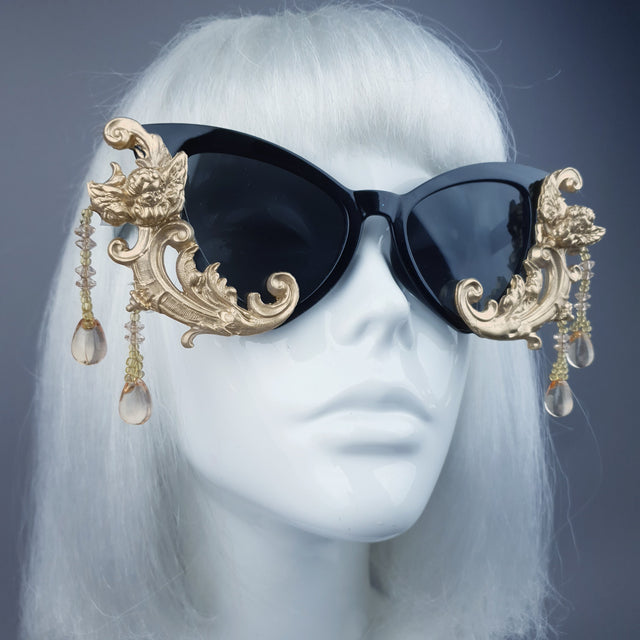 "Parisa" Black & Gold Filigree Cherub Beading Sunglasses