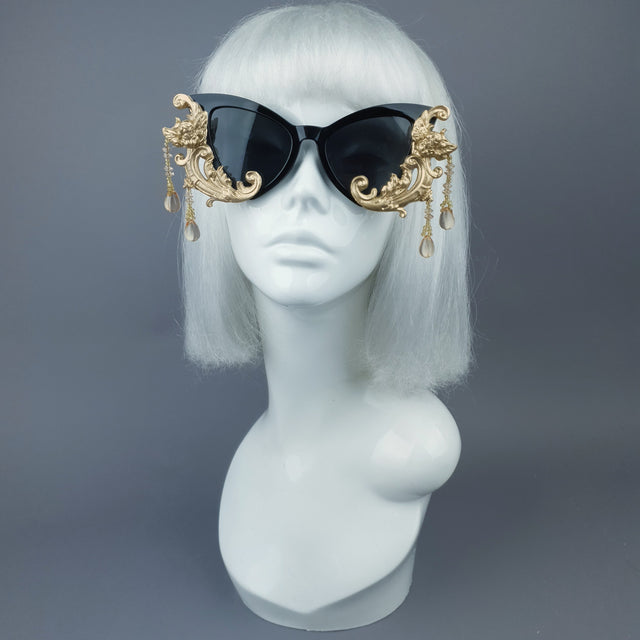 "Parisa" Black & Gold Filigree Cherub Beading Sunglasses