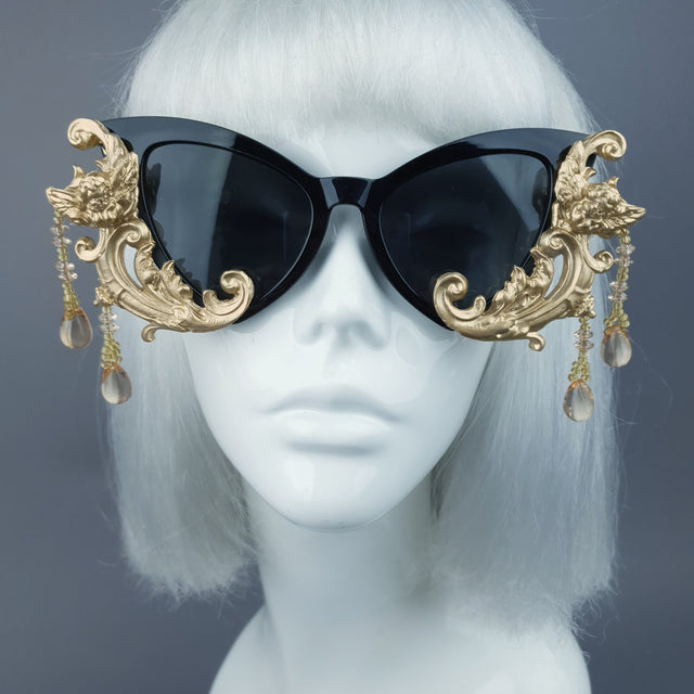 "Parisa" Black & Gold Filigree Cherub Beading Sunglasses