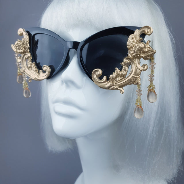 "Parisa" Black & Gold Filigree Cherub Beading Sunglasses