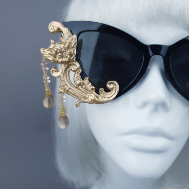 "Parisa" Black & Gold Filigree Cherub Beading Sunglasses