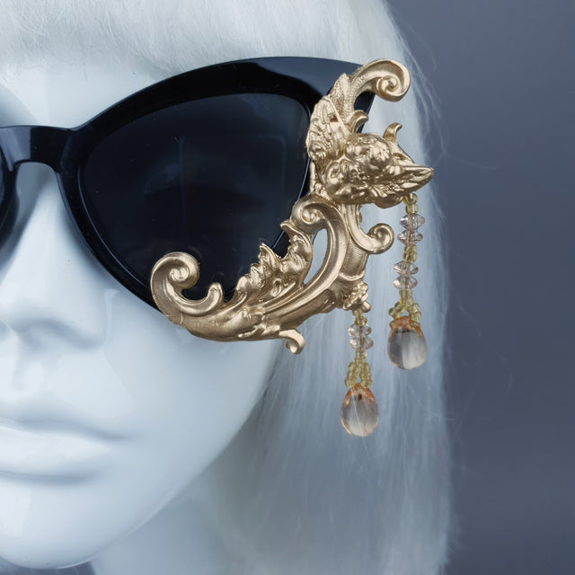 "Parisa" Black & Gold Filigree Cherub Beading Sunglasses