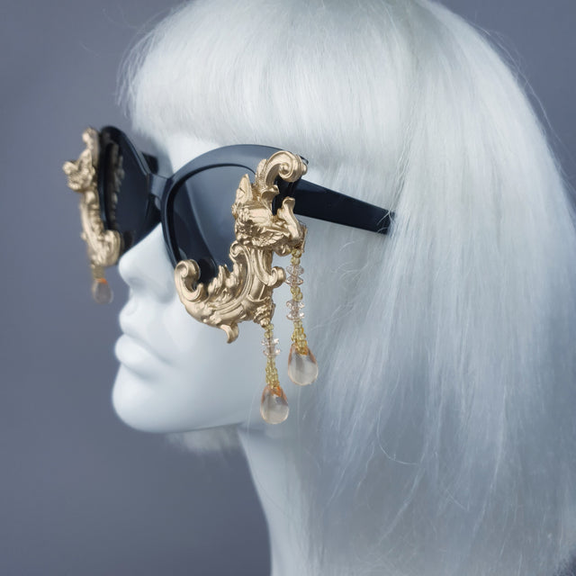 "Parisa" Black & Gold Filigree Cherub Beading Sunglasses