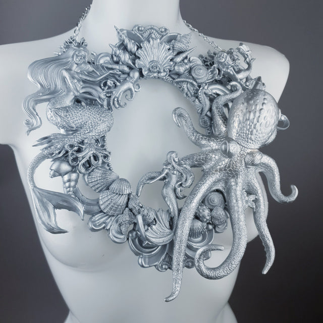 "Oceane" Silver Octopus, Mermaid & Sea Filigree Neckpiece