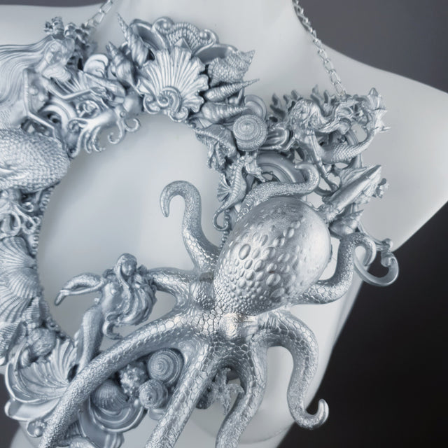 "Oceane" Silver Octopus, Mermaid & Sea Filigree Neckpiece