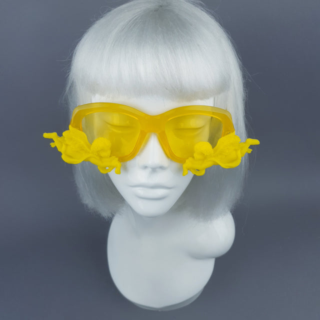 "Walking on Sunshine" Yellow Unisex Sunglasses with Cherubs
