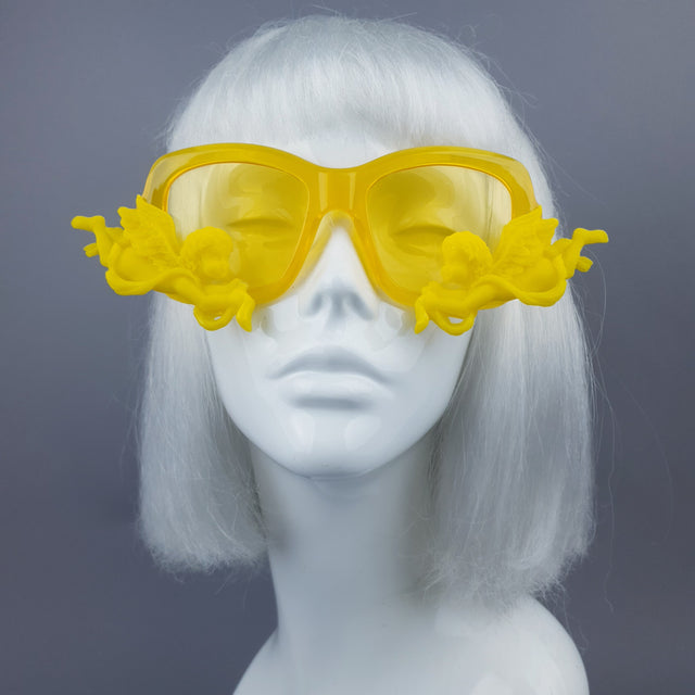 "Walking on Sunshine" Yellow Unisex Sunglasses with Cherubs