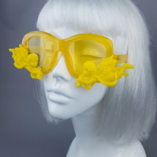 "Walking on Sunshine" Yellow Unisex Sunglasses with Cherubs