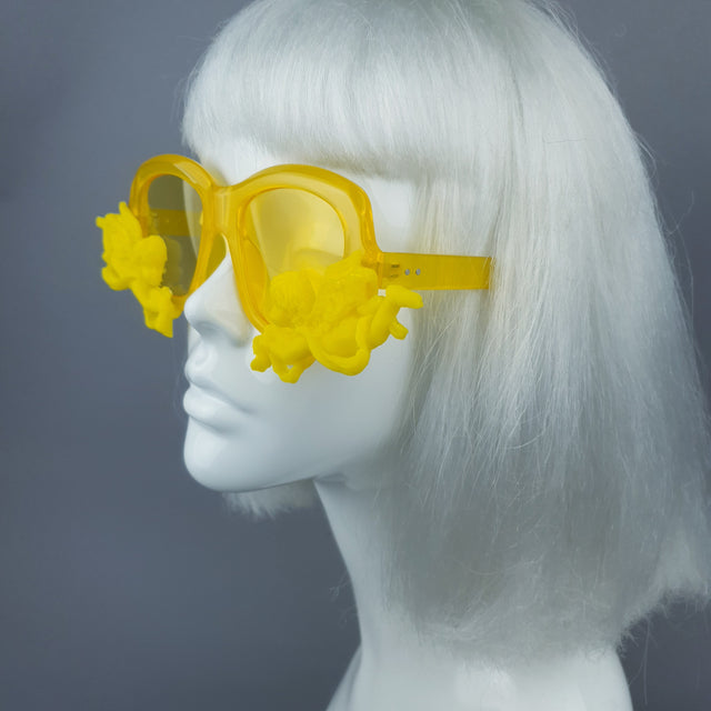 "Walking on Sunshine" Yellow Unisex Sunglasses with Cherubs