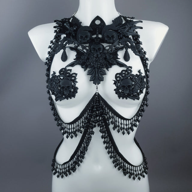 "Manon" Black Filigree 666 & Beading Jewellery Harness with Nipple Pasties