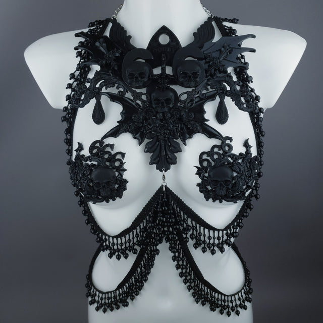 "Manon" Black Filigree 666 & Beading Jewellery Harness with Nipple Pasties