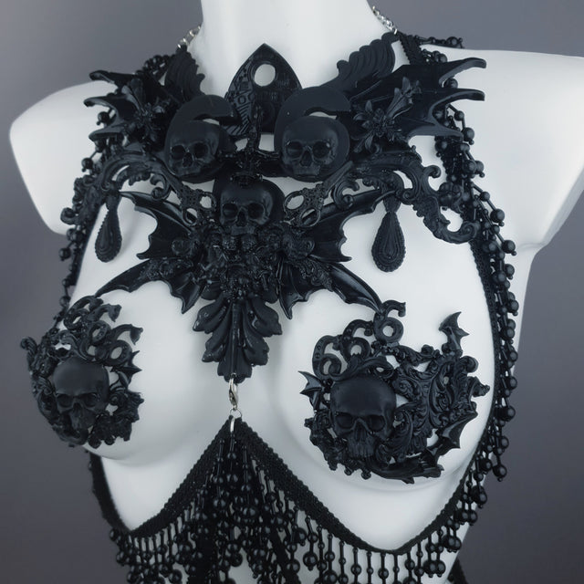 "Manon" Black Filigree 666 & Beading Jewellery Harness with Nipple Pasties