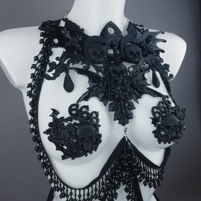 "Manon" Black Filigree 666 & Beading Jewellery Harness with Nipple Pasties