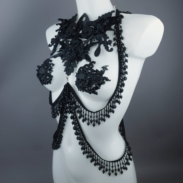 "Manon" Black Filigree 666 & Beading Jewellery Harness with Nipple Pasties