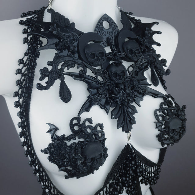 "Manon" Black Filigree 666 & Beading Jewellery Harness with Nipple Pasties