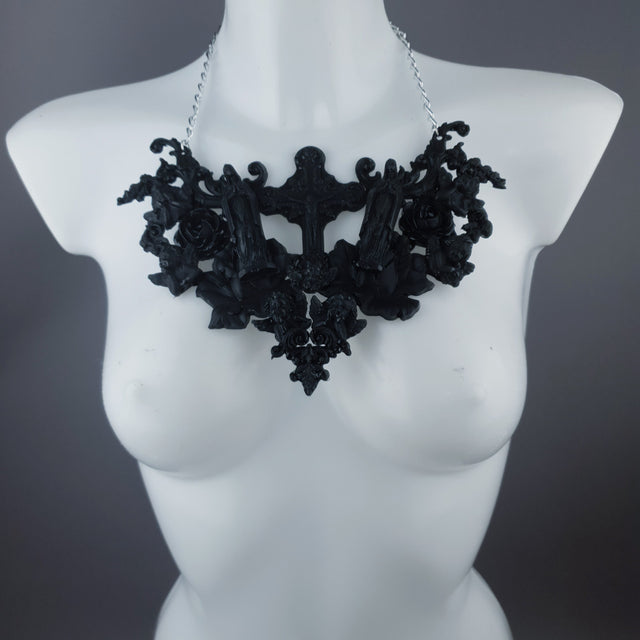"Shrine" Black Cross, Virgin Mary, Roses & Filigree Necklace