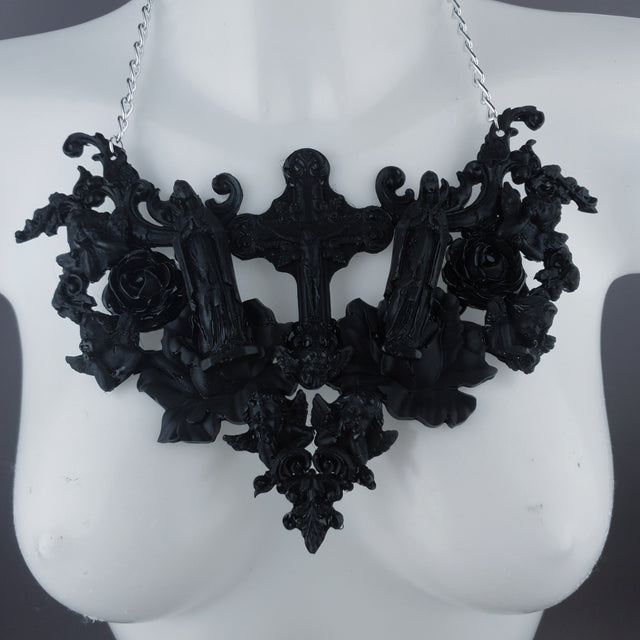 "Shrine" Black Cross, Virgin Mary, Roses & Filigree Necklace