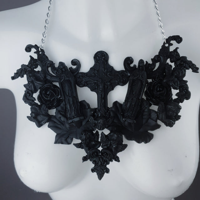 "Shrine" Black Cross, Virgin Mary, Roses & Filigree Necklace