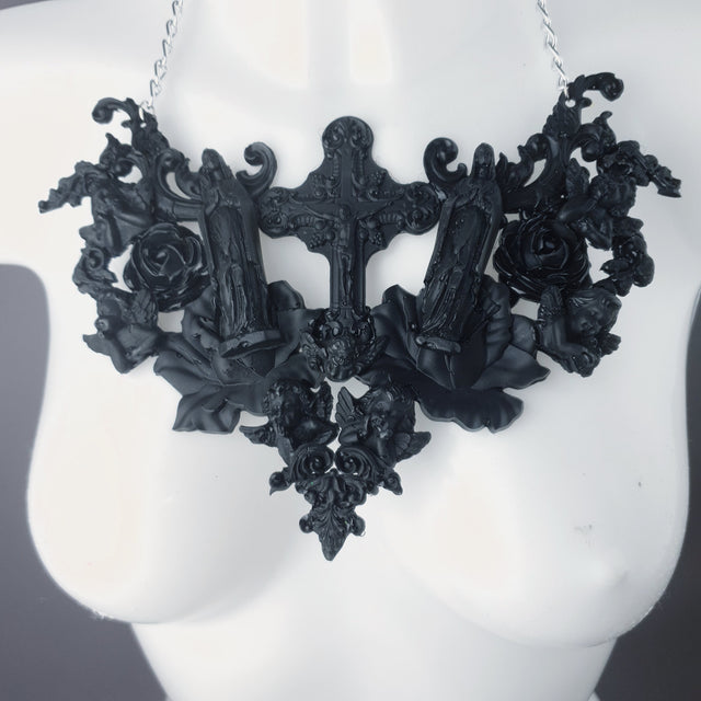 "Shrine" Black Cross, Virgin Mary, Roses & Filigree Necklace