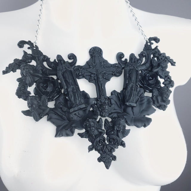 "Shrine" Black Cross, Virgin Mary, Roses & Filigree Necklace