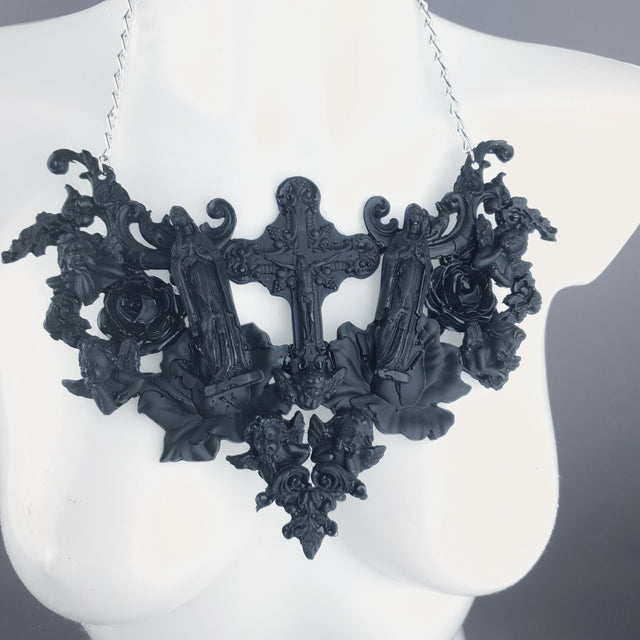 "Shrine" Black Cross, Virgin Mary, Roses & Filigree Necklace