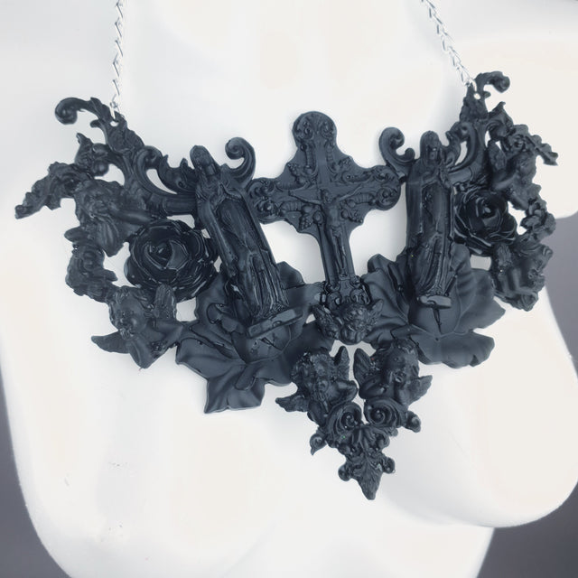 "Shrine" Black Cross, Virgin Mary, Roses & Filigree Necklace
