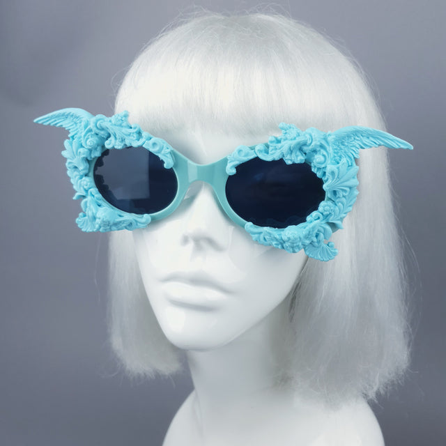 "Alya" Pastel Blue & Black Filigree & Skull Sunglasses