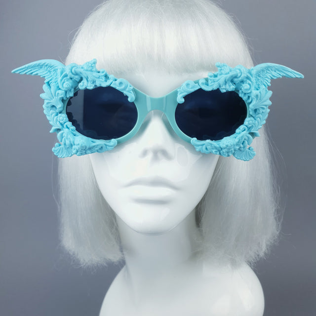 "Alya" Pastel Blue & Black Filigree & Skull Sunglasses