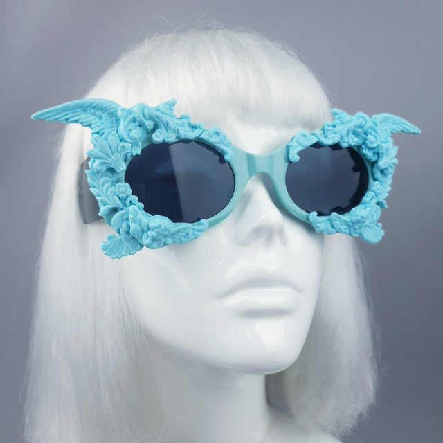 "Alya" Pastel Blue & Black Filigree & Skull Sunglasses