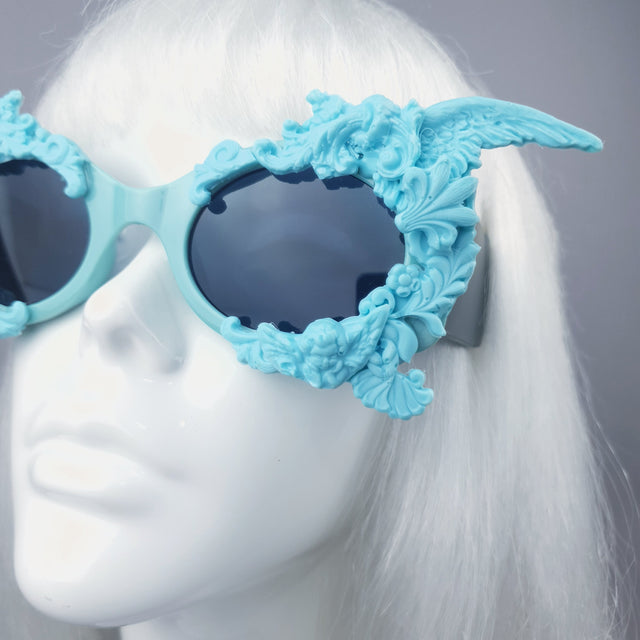 "Alya" Pastel Blue & Black Filigree & Skull Sunglasses