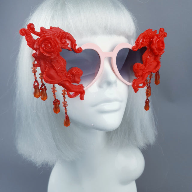 "Seraphina" Pink & Red Cherub, Filigree & Beading Heart Shaped Sunglasses