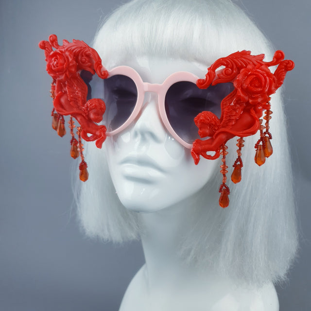 "Seraphina" Pink & Red Cherub, Filigree & Beading Heart Shaped Sunglasses