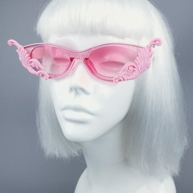"Jannah" Pink Glitter Catseye Sunglasses with Filigree