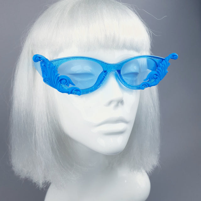 "Jannah" Blue Glitter Catseye Sunglasses with Filigree
