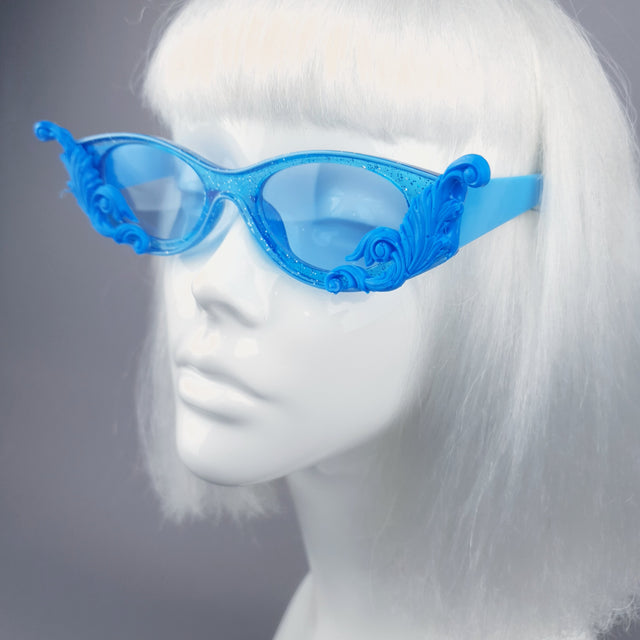 "Jannah" Blue Glitter Catseye Sunglasses with Filigree