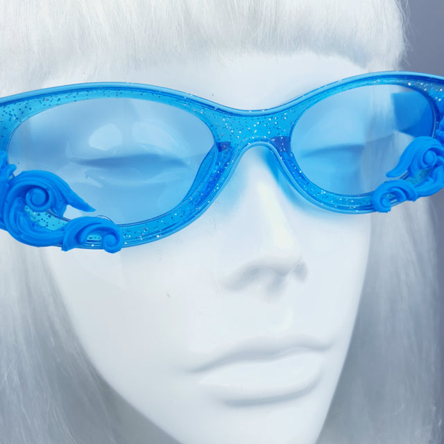 "Jannah" Blue Glitter Catseye Sunglasses with Filigree