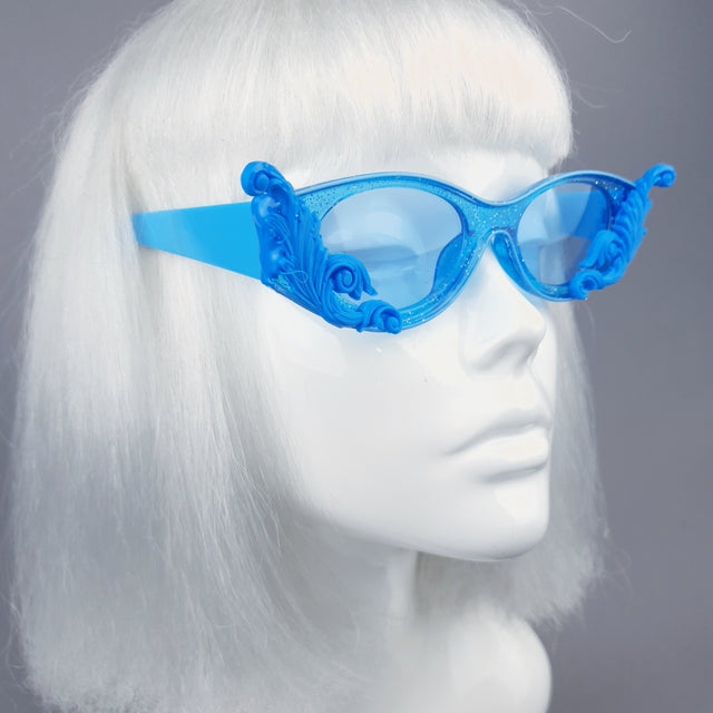 "Jannah" Blue Glitter Catseye Sunglasses with Filigree