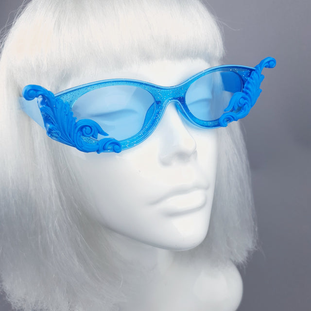 "Jannah" Blue Glitter Catseye Sunglasses with Filigree