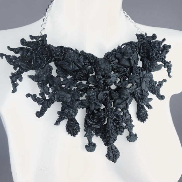 "Raphaela" Black Cherub & Filigree Necklace