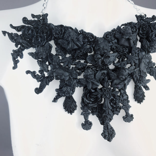 "Raphaela" Black Cherub & Filigree Necklace
