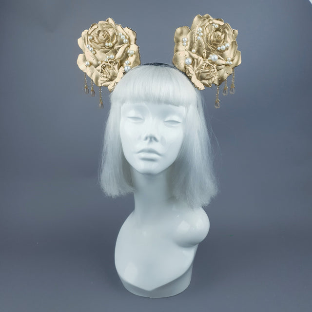 "Oreille" Giant Gold & Pearl Rose Ears Headband