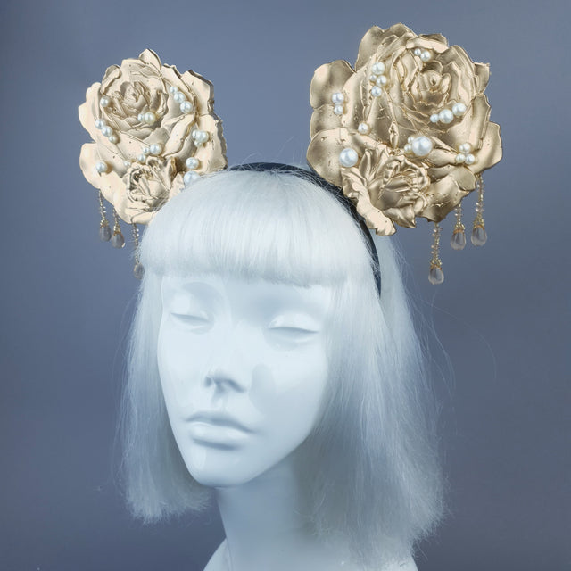 "Oreille" Giant Gold & Pearl Rose Ears Headband