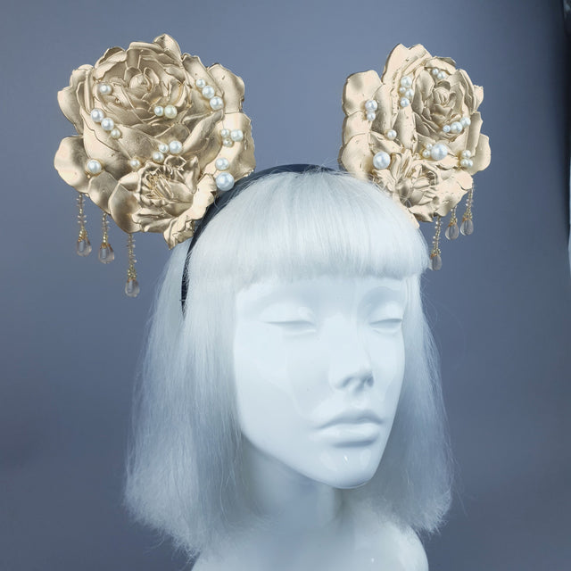 "Oreille" Giant Gold & Pearl Rose Ears Headband