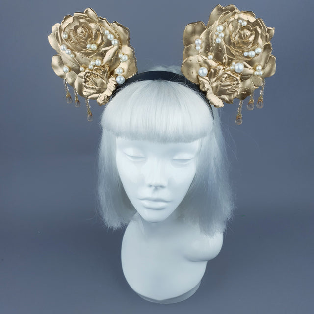 "Oreille" Giant Gold & Pearl Rose Ears Headband