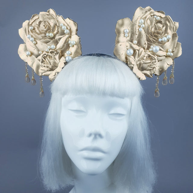 "Oreille" Giant Gold & Pearl Rose Ears Headband
