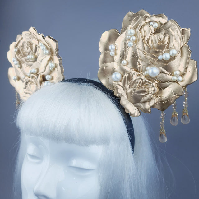 "Oreille" Giant Gold & Pearl Rose Ears Headband