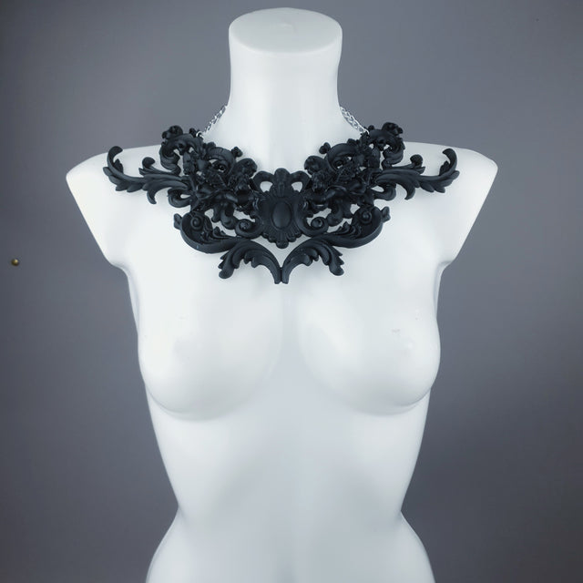 "Sanctuary" Black Scrolling Filigree & Cherubs Necklace
