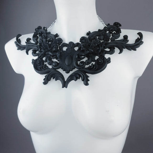 "Sanctuary" Black Scrolling Filigree & Cherubs Necklace
