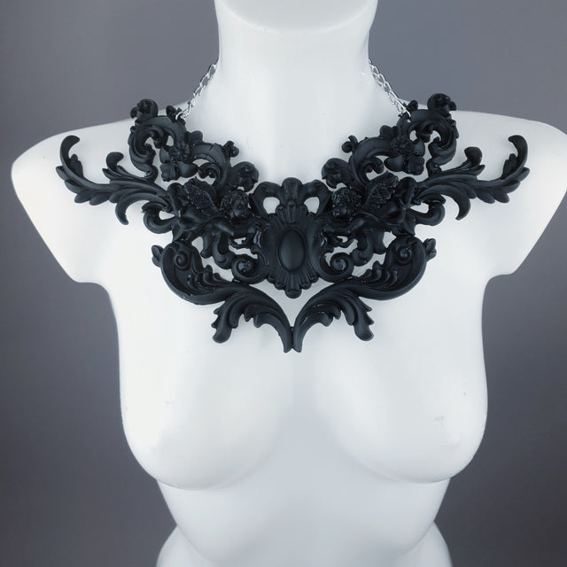 "Sanctuary" Black Scrolling Filigree & Cherubs Necklace