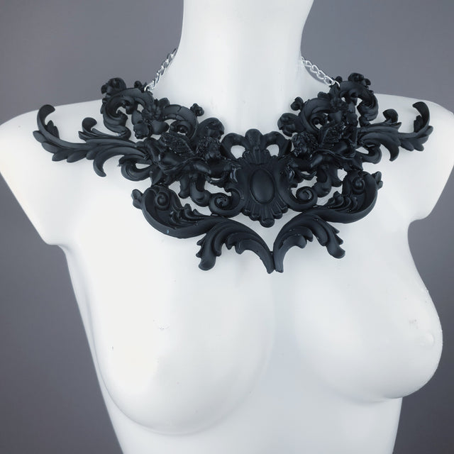 "Sanctuary" Black Scrolling Filigree & Cherubs Necklace